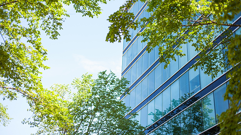 Modern glass facade high-rise office building